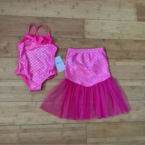 NWT Girls Size 3T Mermaid One-Piece Swimsuit with Tulle Skirt Cover Up Set
